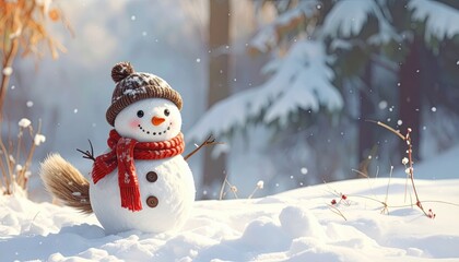 Fototapeta premium A whimsical snowman adorned with a hat and scarf, set against a snowy backdrop, embodying the spirit of winter.