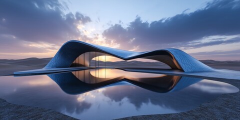Futuristic building with unique structure reflecting in the water.
