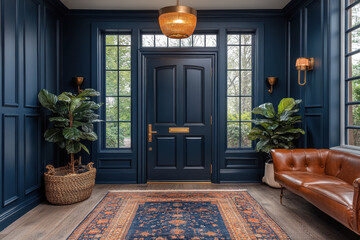 Leather chair on a rug in a blue entryway