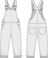 Stylish denim overalls fashion cad drawing, vector technical flat sketch with detailed front and back view, ideal for designers.