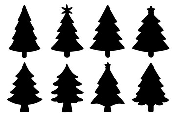 set of different Cute Christmas Tree black silhouette  vector