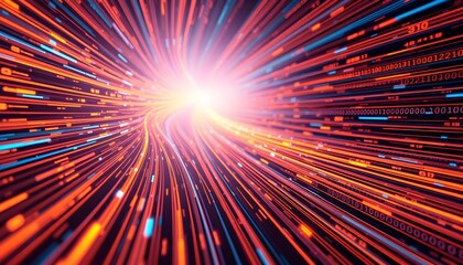 Abstract digital tunnel with bright light at the end, representing data flow and technology.