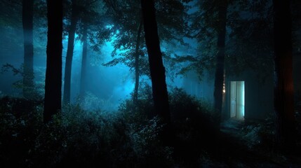 An ethereal, moonlit forest scene at night, featuring a mysterious glowing door nestled amongst the trees and shrouded in fog