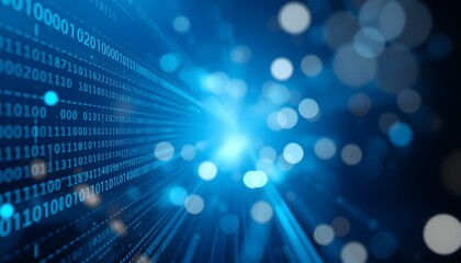 Abstract digital background with a stream of binary code and glowing blue light effects.