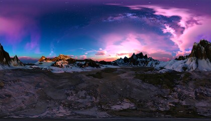Panoramic vista of a mountain range at sunset with a vibrant sky