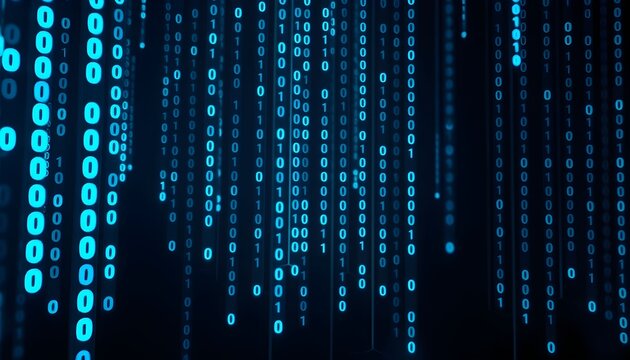 A digital rain of blue binary code cascades down a dark background, representing data and technology. - Powered by Adobe
