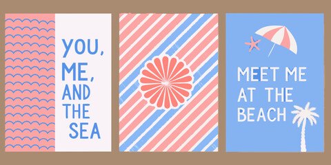 Obraz premium Three playful summer posters with beach themes and inspirational quotes for vacation