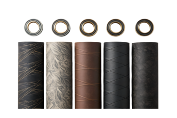 Five leather cord rolls isolated on transparent background