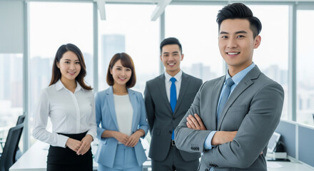 A group of chinese professionals stands together in a modern office space with bright windows.