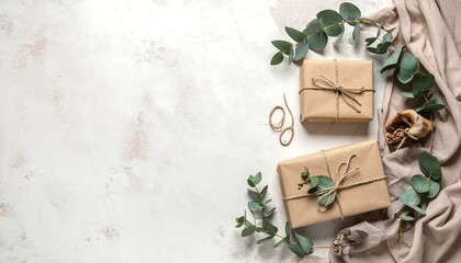 Gift Wrapping Flatlay Mockup: Two brown paper gift boxes with twine, eucalyptus sprigs, and beige fabric on a light textured background, creating a minimalist and earthy