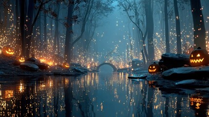 Obraz premium Glowing jack-o'-lanterns in magical dark forest scene