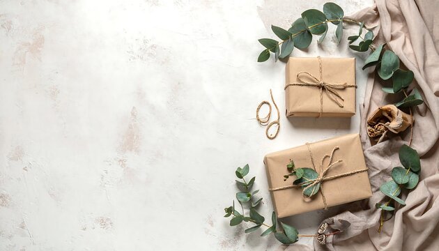 Gift Wrapping Flatlay Mockup: Two brown paper gift boxes with twine, eucalyptus sprigs, and beige fabric on a light textured background, creating a minimalist and earthy - Powered by Adobe