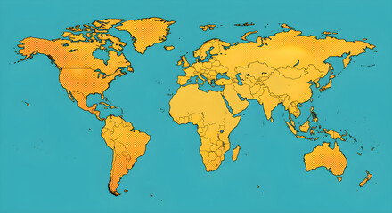 Vibrant world map in yellow on aqua background for global business and travel themes, pop art style