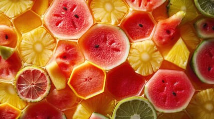 Colorful fruit slices arranged in a honeycomb pattern
