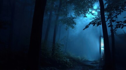 Fototapeta premium A moonlit path winds through a dense, misty forest at night, leading towards a faintly glowing, mysterious structure