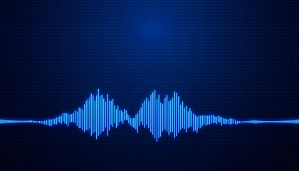 A blue audio waveform visualization, representing sound frequencies and amplitudes on a dark background.