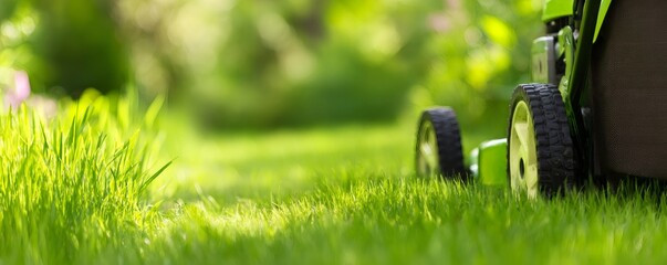 Fototapeta premium Close up of a green lawn mower on lush fresh lawn grass, cut by a garden machine, bright sunlight highlights grass.
