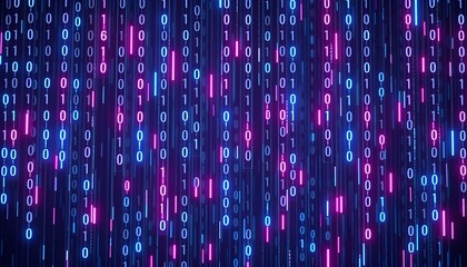Binary code background with blue and pink neon lights.