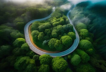 Serpentine road winding through a lush green forest, aerial view, misty morning light.