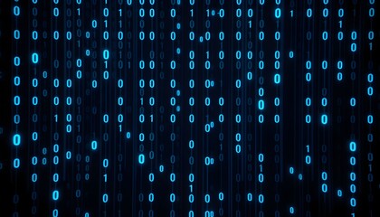 Abstract digital background with glowing blue binary code cascading down a dark screen, representing data and technology.