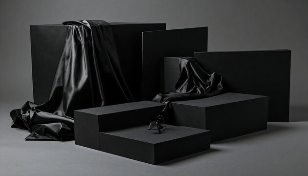 Gift Wrapping Flatlay Mockup: Black satin fabric draped over black geometric boxes against a dark gray background, styled in a minimalist flat lay composition.