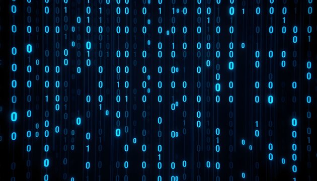 Abstract digital background with glowing blue binary code cascading down a dark screen, representing data and technology. - Powered by Adobe