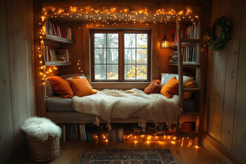 Bed in front of a sunny window.