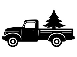  vintage pickup truck carrying christmas trees  simple   silhouette vector