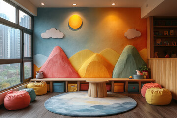 Large mural depicting a jungle scene, colorful furniture in a playroom