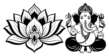 Lotus flower and Ganesha silhouette bold vector illustration
