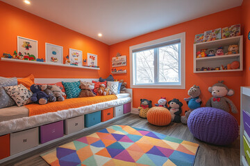 Colorful rug in bedroom with orange walls.