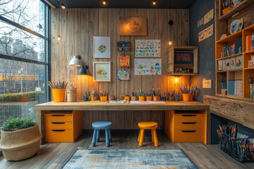 Desk with chair and lamp.