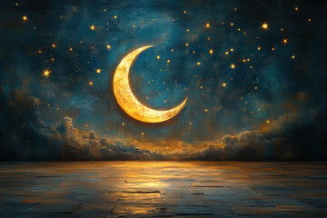 Crescent moon with stars in the sky.