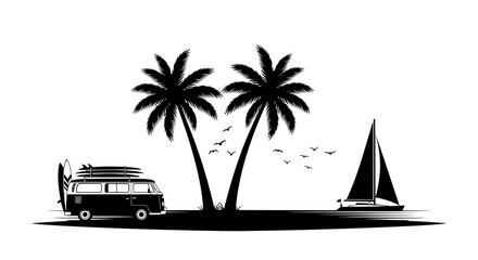 Retro camper van with surfboards and sailboat on a tropical beach with palm trees