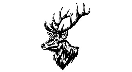 Majestic stag head with large antlers black and white illustration