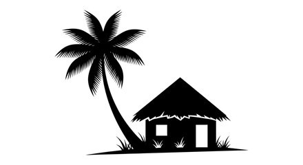 Tropical hut and palm tree silhouette on white background