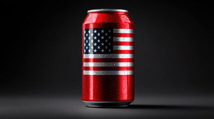 A Chilled Beverage Can Featuring an Iconic American Flag Design with Stars and Stripes for Patriotic Branding and Refreshing Experience