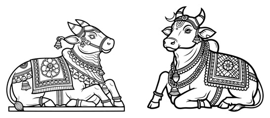 Decorated sacred indian cow Nandi the vehicle of Shiva vector outline