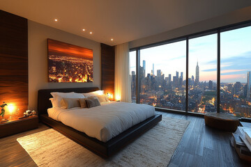 Large window with sunlight casting a warm glow on a spacious bed in a bright bedroom.