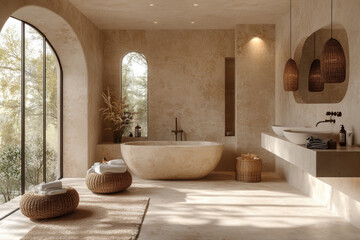 Large tub in front of a large window in a bathroom.