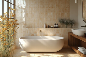 Large tub with overflowing bubbles, sink in the background.