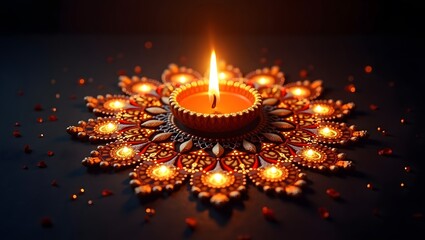 Deepavali Diwali theme, Mandala pattern made of glowing diyas. selective focus