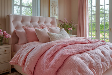 Pink bed with matching comforter and pillows.