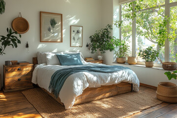 Bed beside window, adorned with plants.