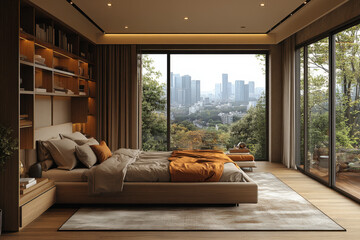City view from a large bed in a bedroom.