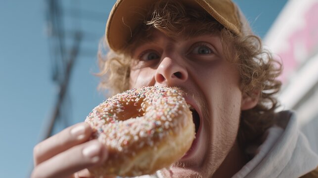 Young man in cap eating pink glazed donut with sprinkles outdoors. Concept of fun lifestyle, sweet indulgence, snack craving, fast food temptation, youth culture, joy, and modern street food. - Powered by Adobe