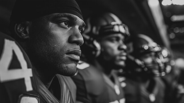 American football players in uniform standing together before game. Black and white portrait symbolizing strength, focus, teamwork, determination, competition, sports spirit, and professional athletes