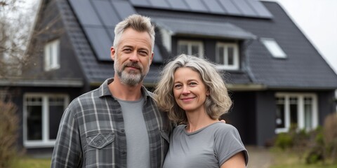 Happy mature couple standing in front of modern house with solar panels on roof. Concept of sustainable living, green energy, eco friendly lifestyle, real estate, family, and future.