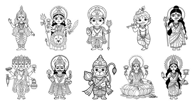 Child style Hindu gods and goddesses outline vector illustration set
