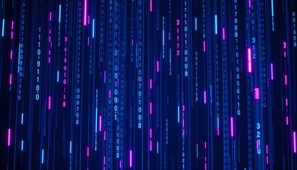 Abstract digital rain of glowing binary code in vibrant colors.